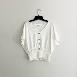 LASCANA Women's V-Neck Smocked Top Ivory Size 8/10 Short Sleeve Casual Blouse